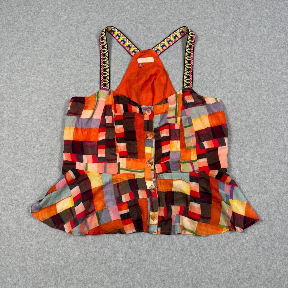 Pilcro Anthropologie Boho Hippie Patchwork Peplum Halter Cami Top Multi Color XS - Picture 2 of 8